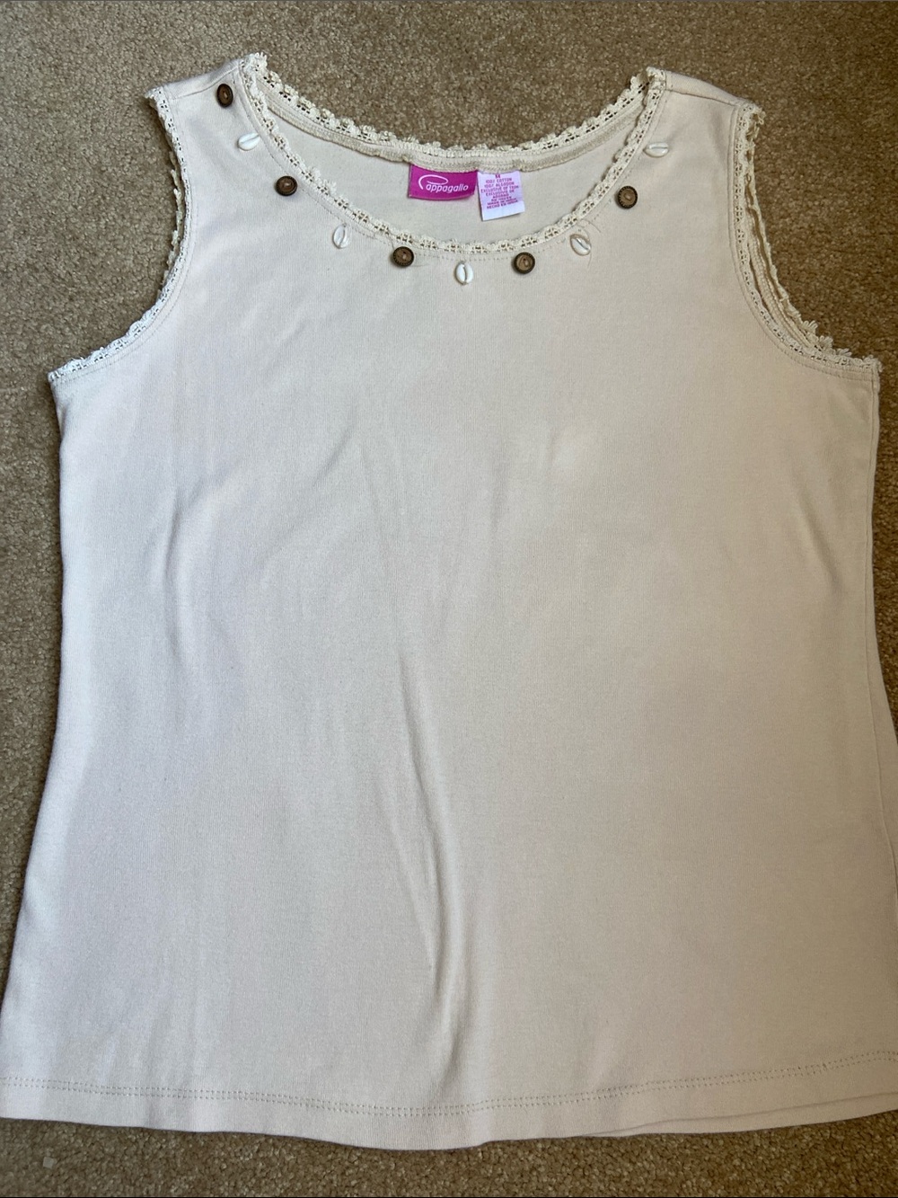Pappagallo Cream Sleeveless Tank with Crochet Trim and Button/Shell Accents